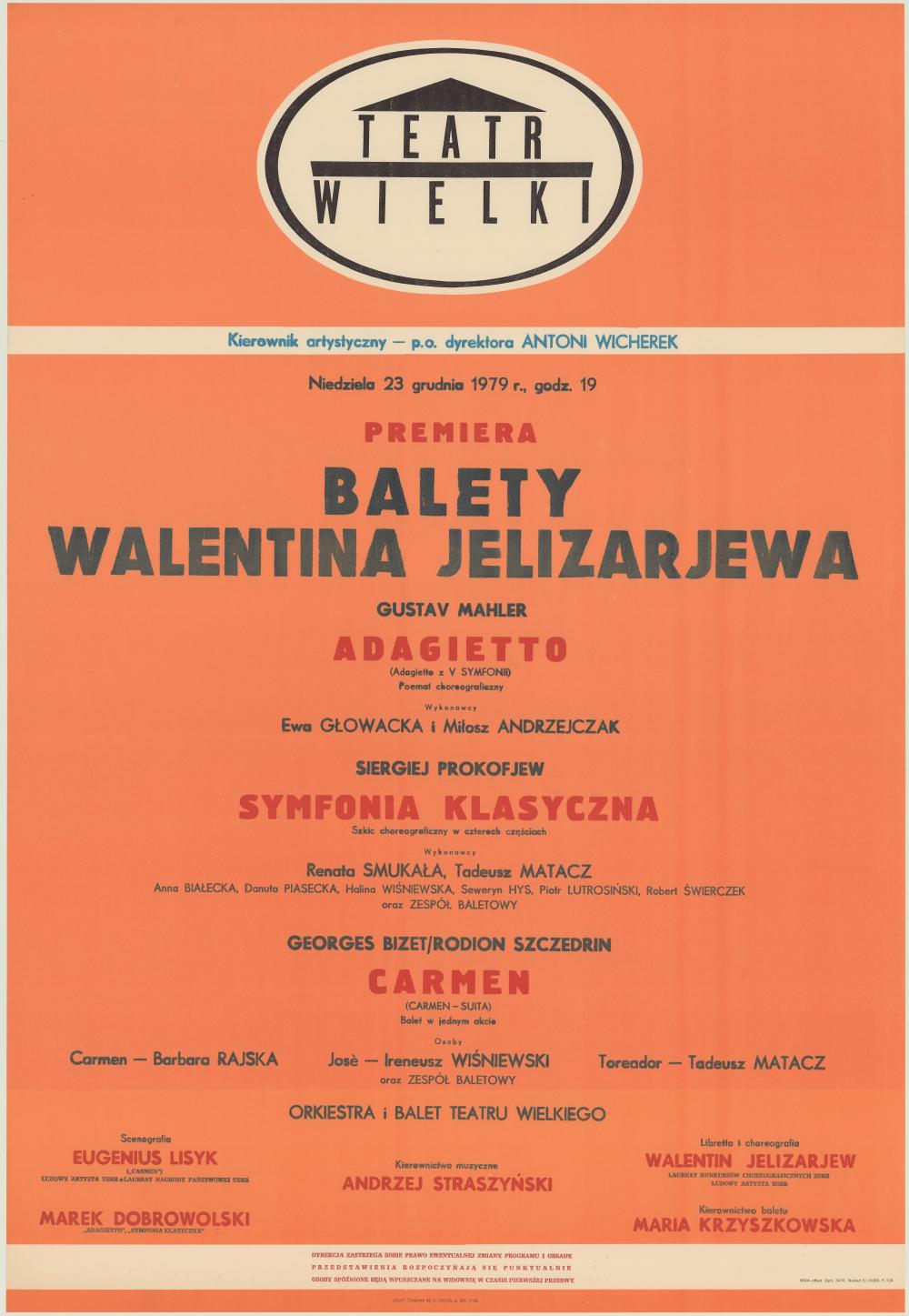 Afisz premierowy. „Adagietto” Gustav Mahler 1979-12-23