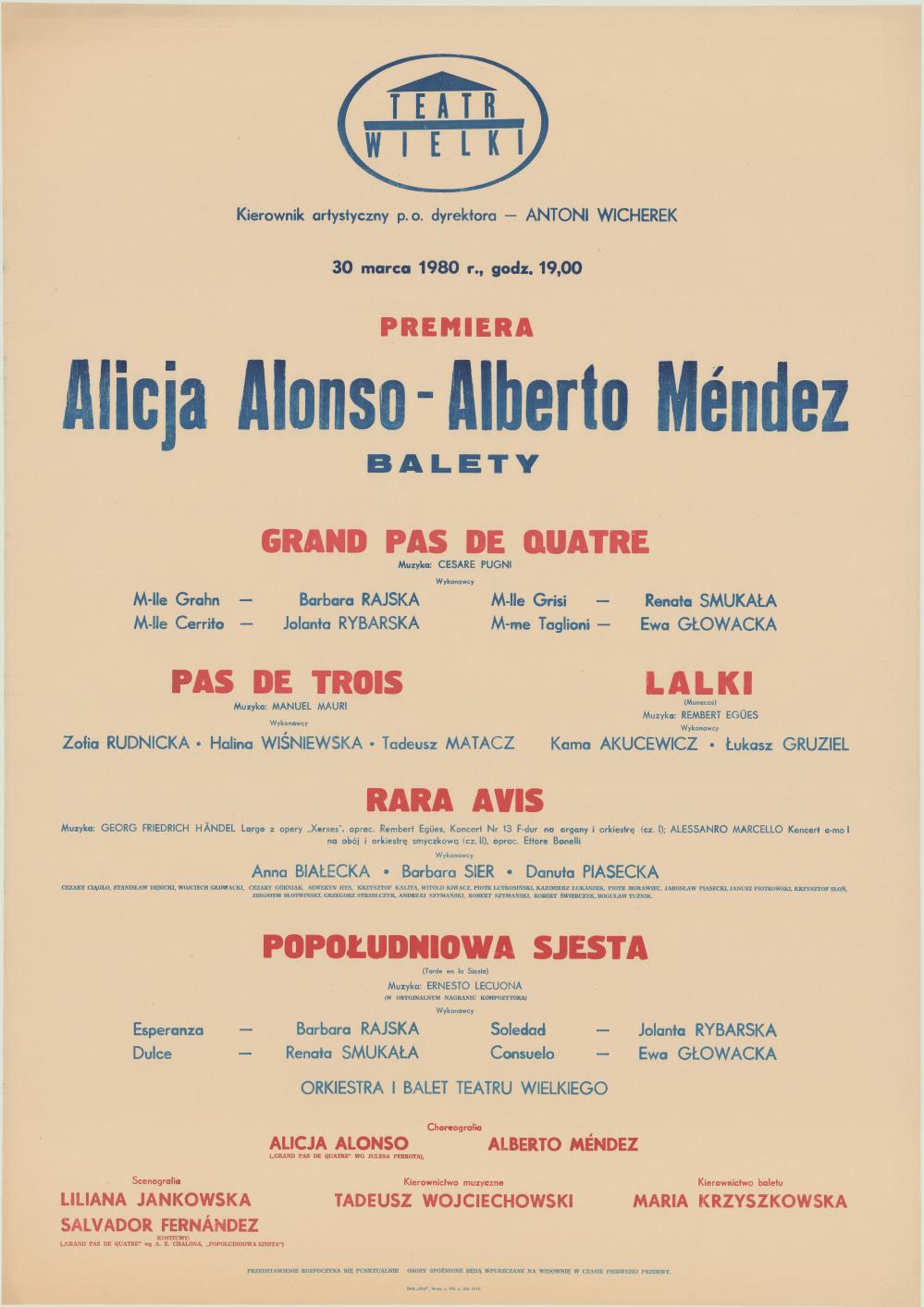 Afisz premierowy „Alberto Mendez – Balety”, „Grand pas de quatre" Cesare Pugni 1980-03-30