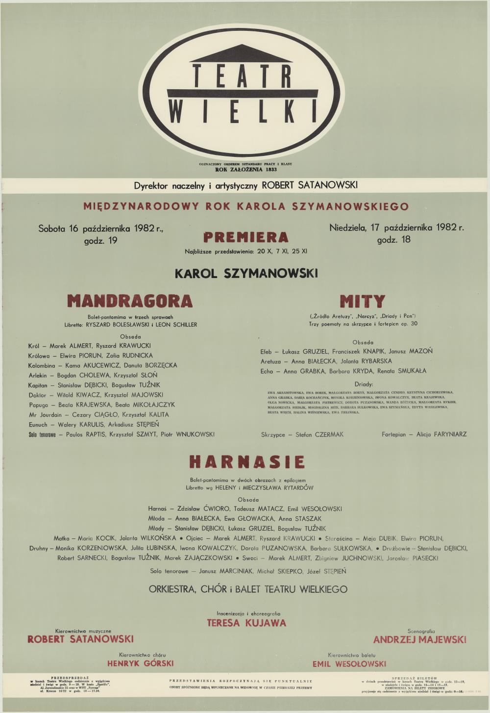 Afisz premierowy. „Mandragora” Karol Szymanowski 1982-11-16