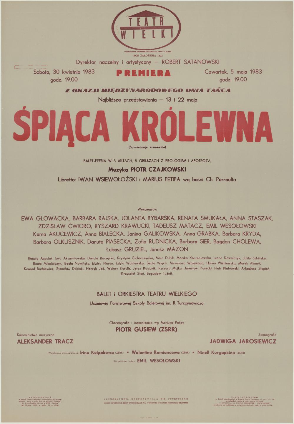 Afisz premierowy. „Śpiąca królewna” Piotr Czajkowski 1983-04-30