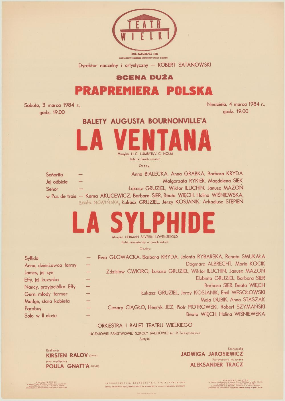 Afisz premierowy „La Ventana" Hans Christian Lumbye, V. C. Holm 1984-03-03, 1984-03-04