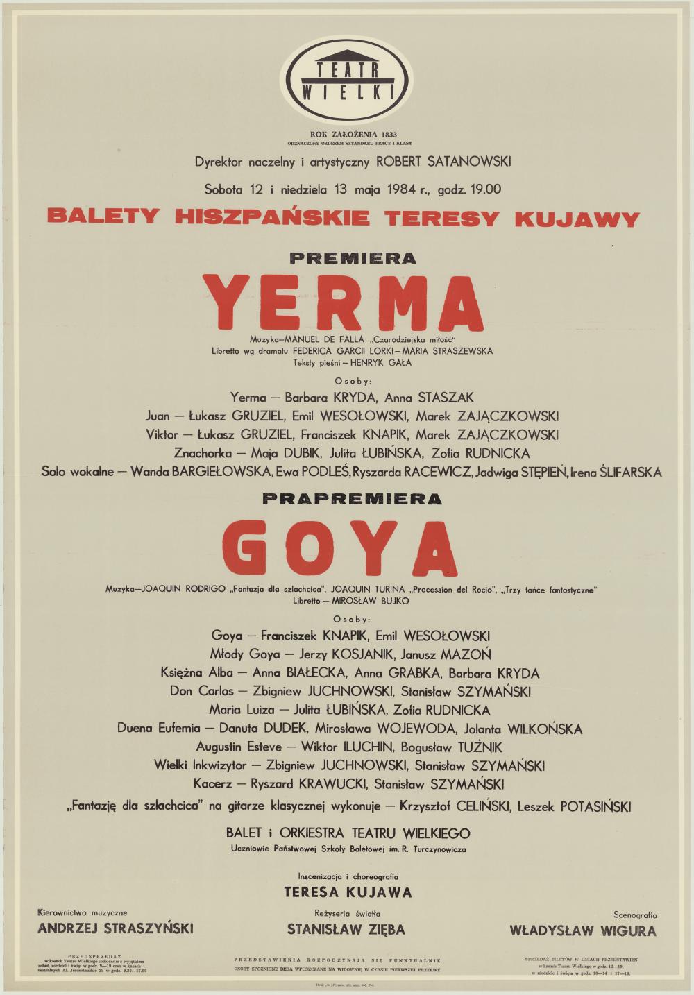 Afisz premierowy „Yerma" Manuel de Falla 1984-05-12, 1984-05-13