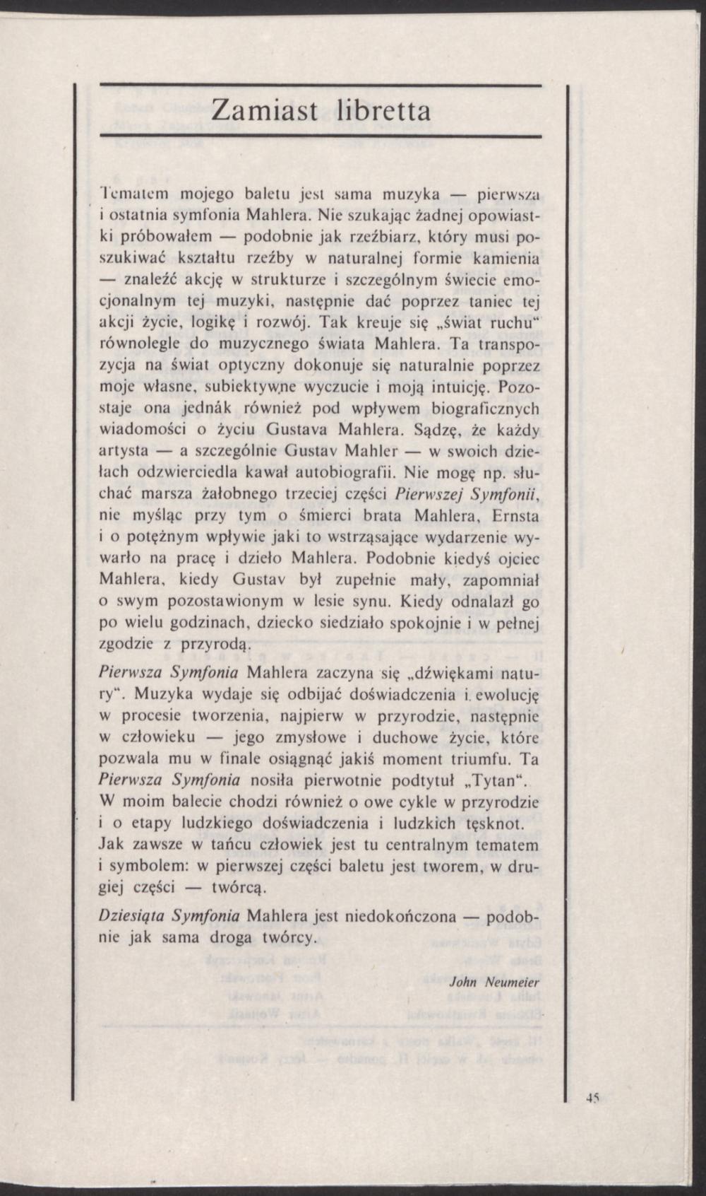 Program „Miłość i ból i świat i marzenie” John Neumeier 1984-10-27