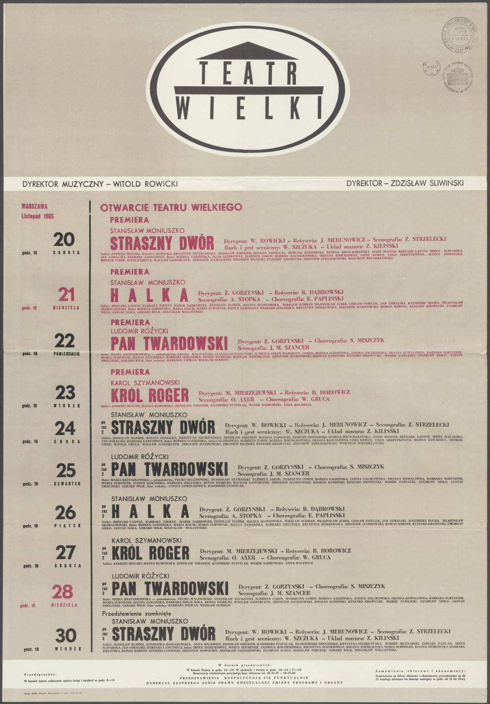 Afisz repertaurowy. 20.11.1965 – 30.11.1965