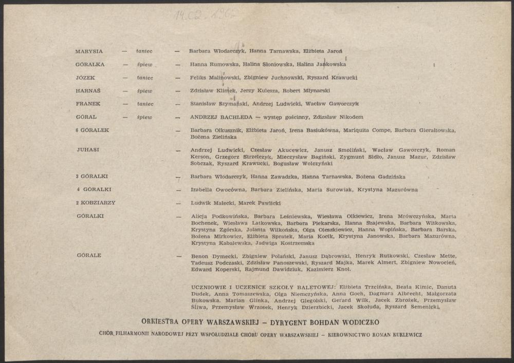 Wkładka obsadowa. „Wierchy” Artur Malawski 1962-02-14