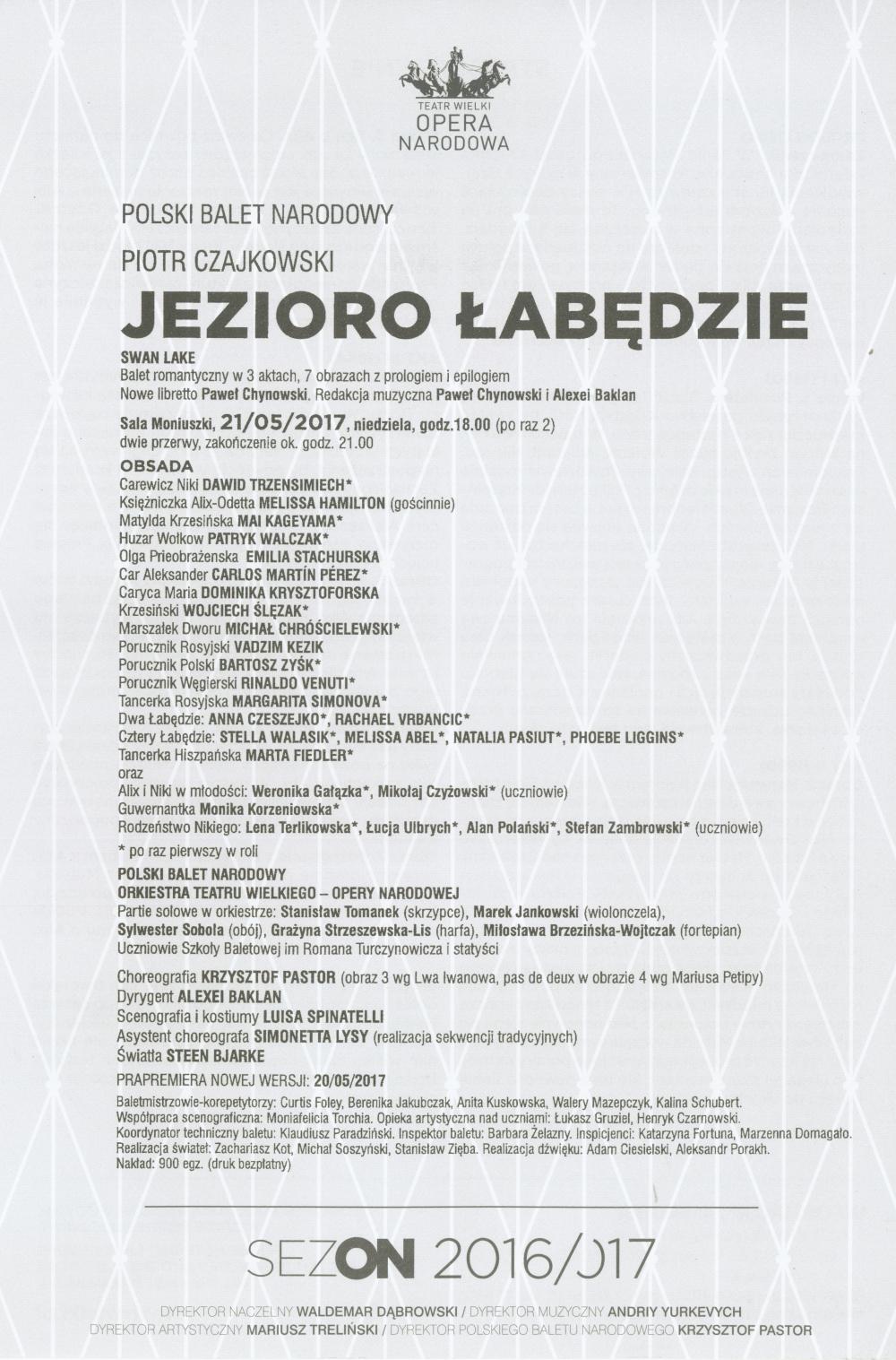 Wkładka obsadowa "Jezioro łabędzie" Piotr Czajkowski / Krzysztof Pastor, 2017-05-21