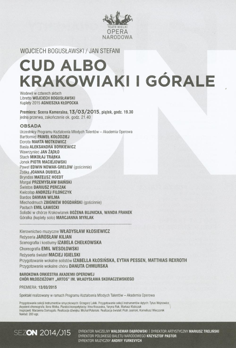 Wkładkaobsadowa „Cud albo Krakowiaki i Górale” Wojciech Bogusławski / Jan Stefani, premiera 2015-03-13