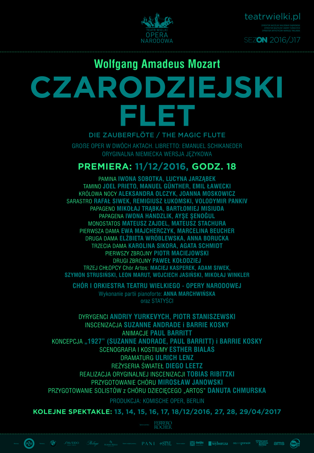 Afisz „Carodziejski flet” Wolfgang Amadeus Mozart premiera 2016-12-11