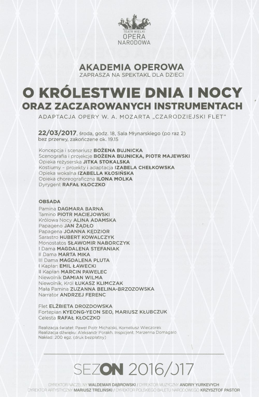 Wkładka obsadowa „O Królestwie Dnia i Nocy oraz zaczarowanych instrumentach”, 2017-03-22