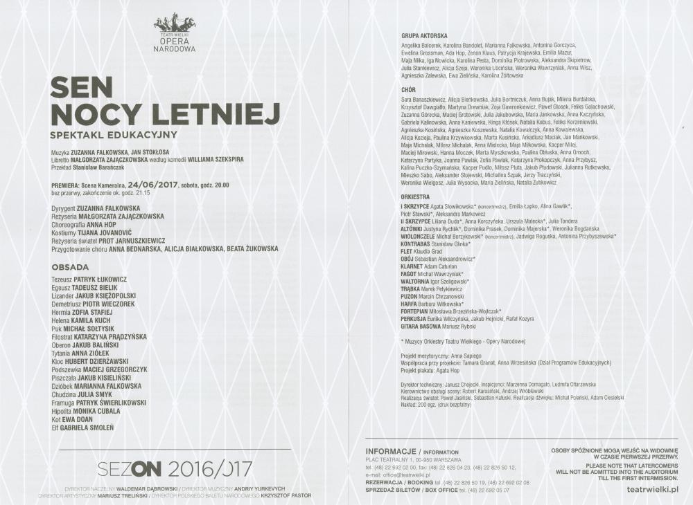 Wkładka obsadowa „Sen nocy letniej”, spektakl edukacyjny, premiera 2017-06-24. Muzyka Zuzanna Falkowska, Jan Stokłosa, reżyseria Małgorzata Zajączkowska