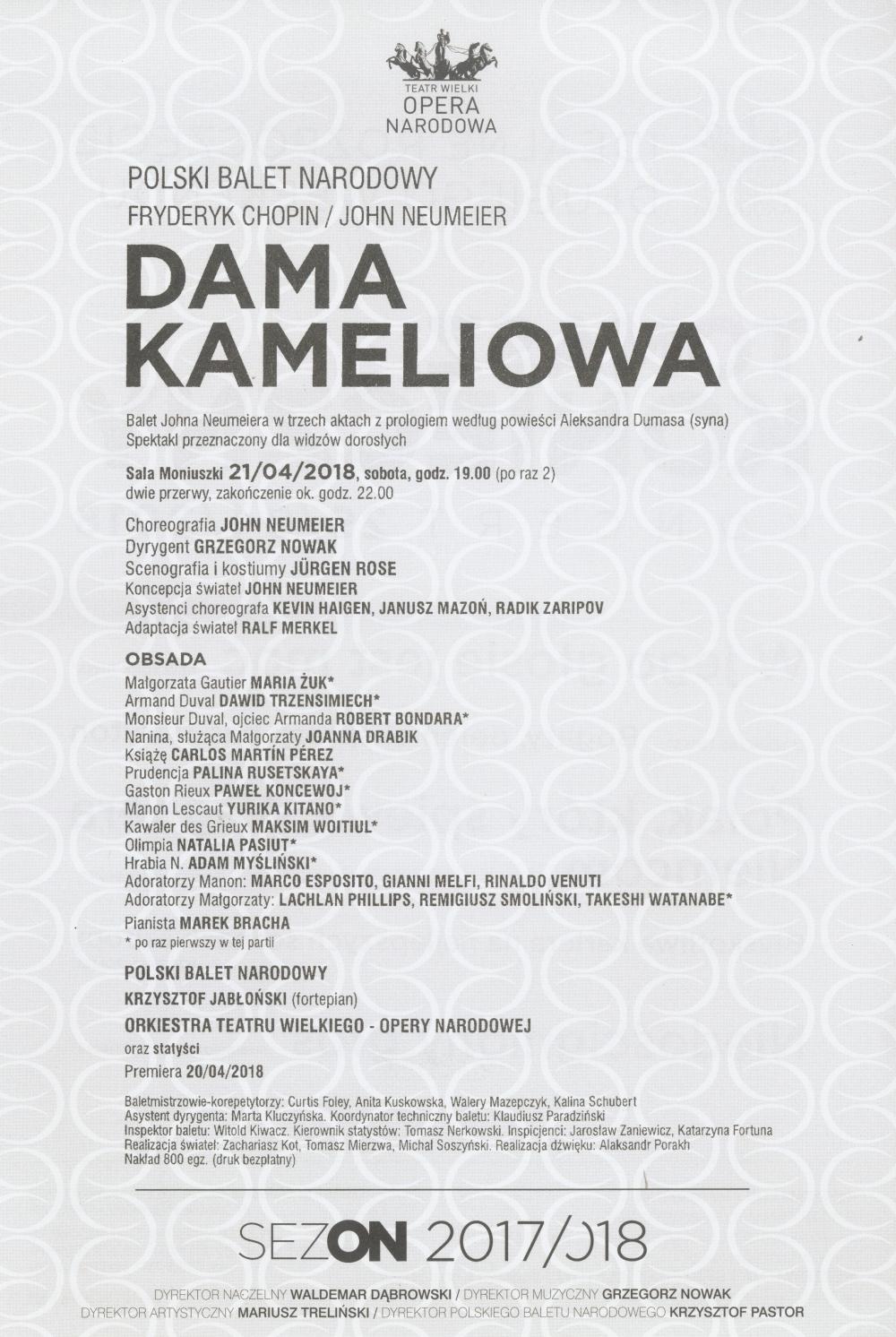 Wkładka obsadowa "Dama kameliowa" Fryderyk Chopin / John Neumeier, 2018-04-21