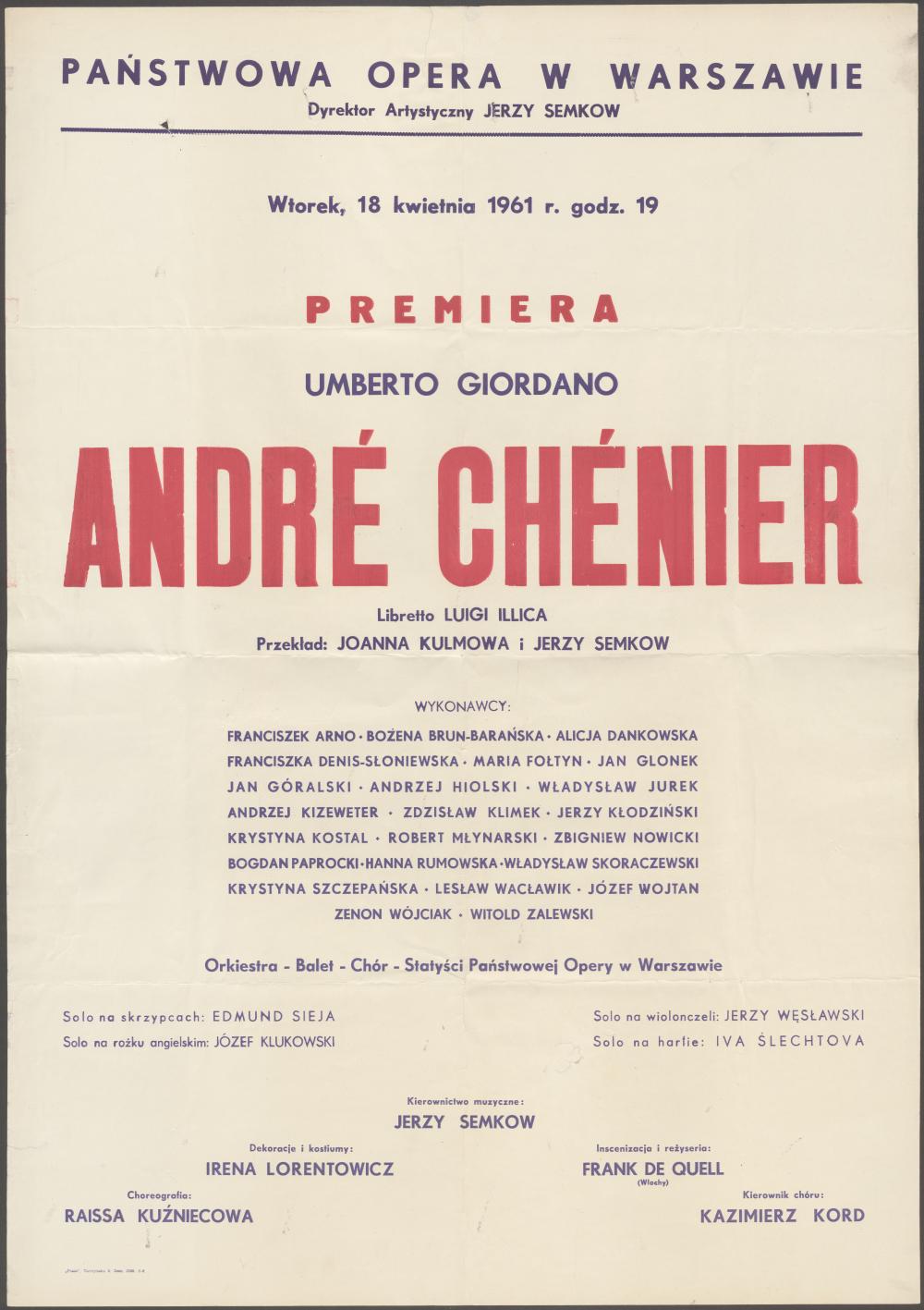 Afisz premierowy -„Andre Chenier” Umberto Giordano 14-04-1961