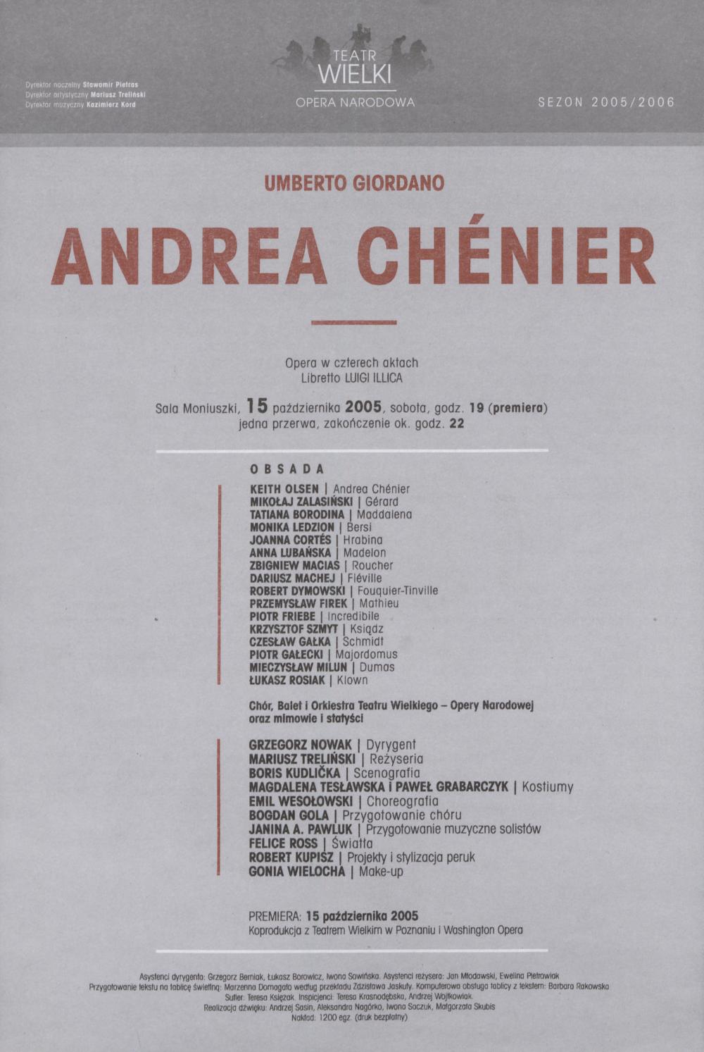 Wkładka premierowa „Andrea Chénier” Umberto Giordano 15-10-2005