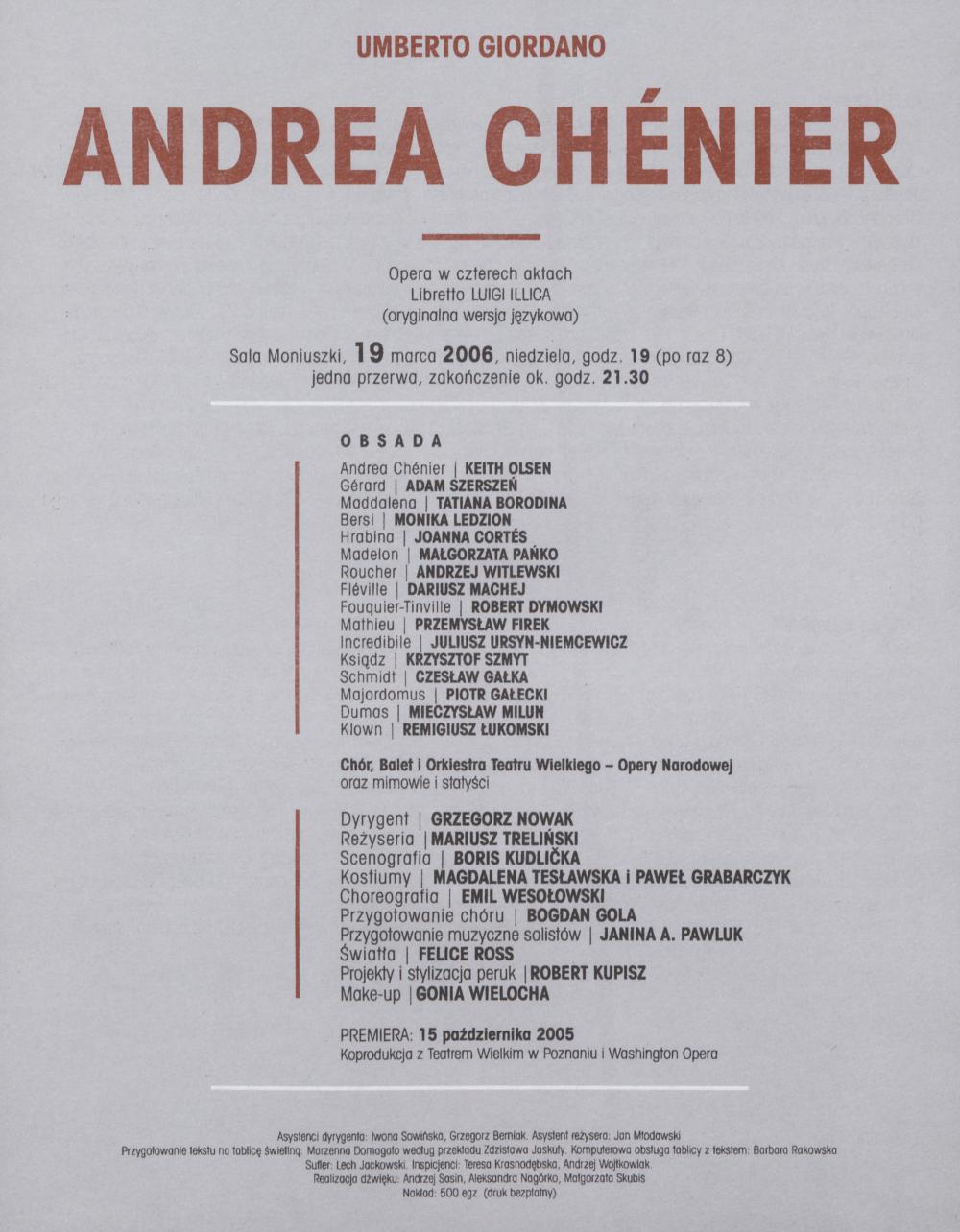 Wkładka obsadowa „Andrea Chénier” Umberto Giordano 19-03-2006