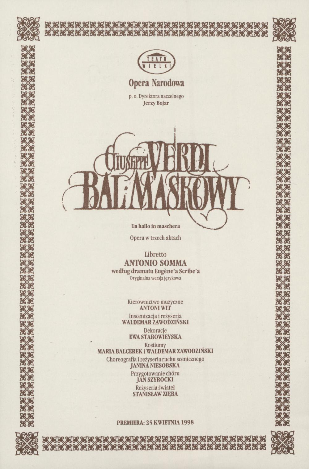 Wkładka obsadowa. „Bal Maskowy” Giuseppe Verdi 10-06-1998. 25-lecie pracy artystycznej Marii Olkisz