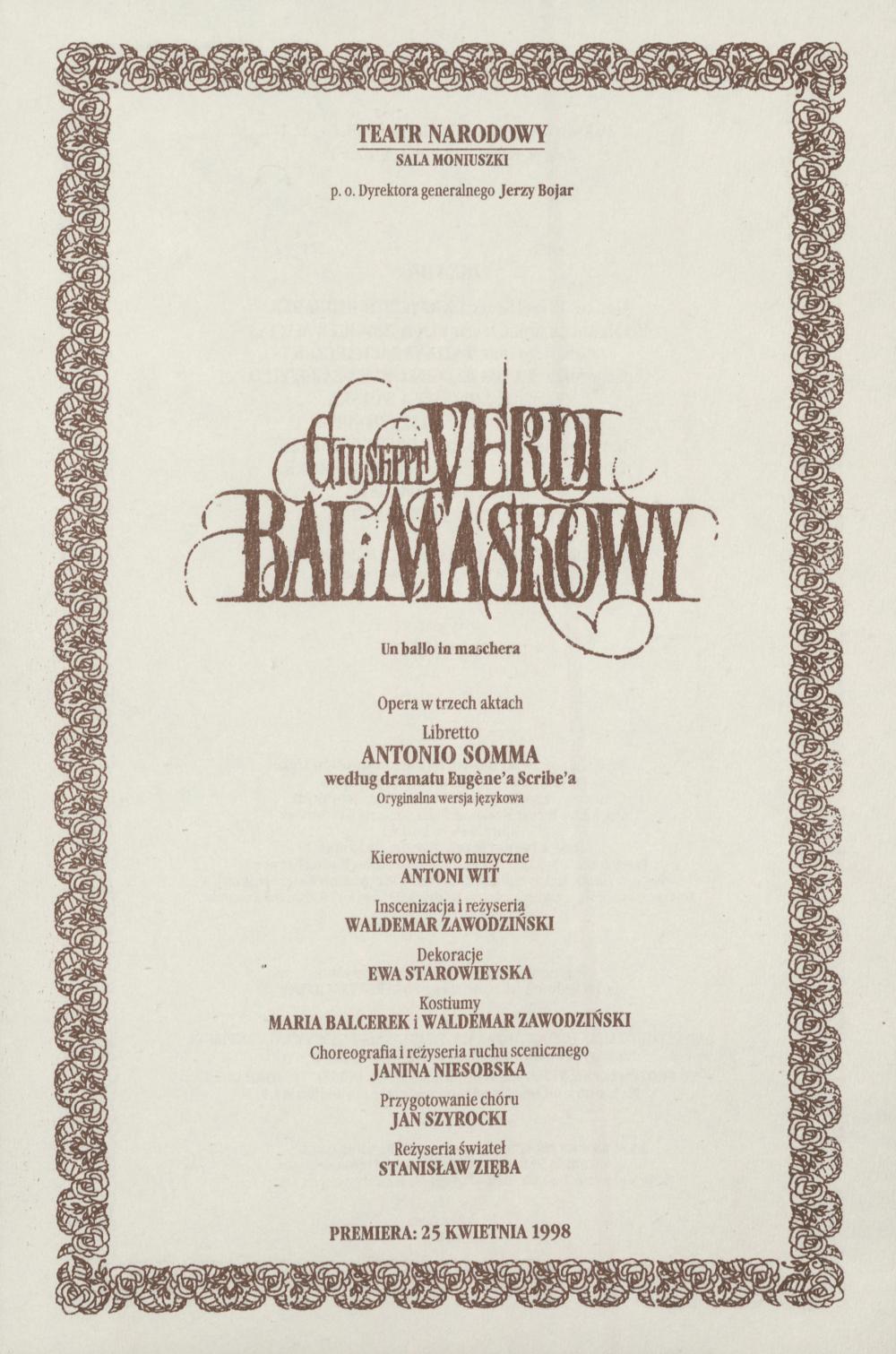 Wkładka obsadowa. „Bal Maskowy” Giuseppe Verdi 26-04-1998