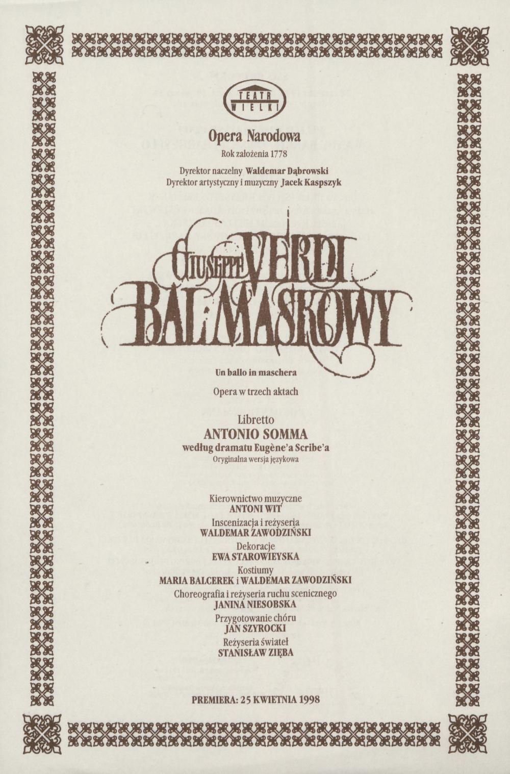 Wkładka obsadowa. „Bal Maskowy” Giuseppe Verdi 20-06-1999. 30-lecie pracy artystycznej Wandy Bargiełowsiej-Bargeyllo