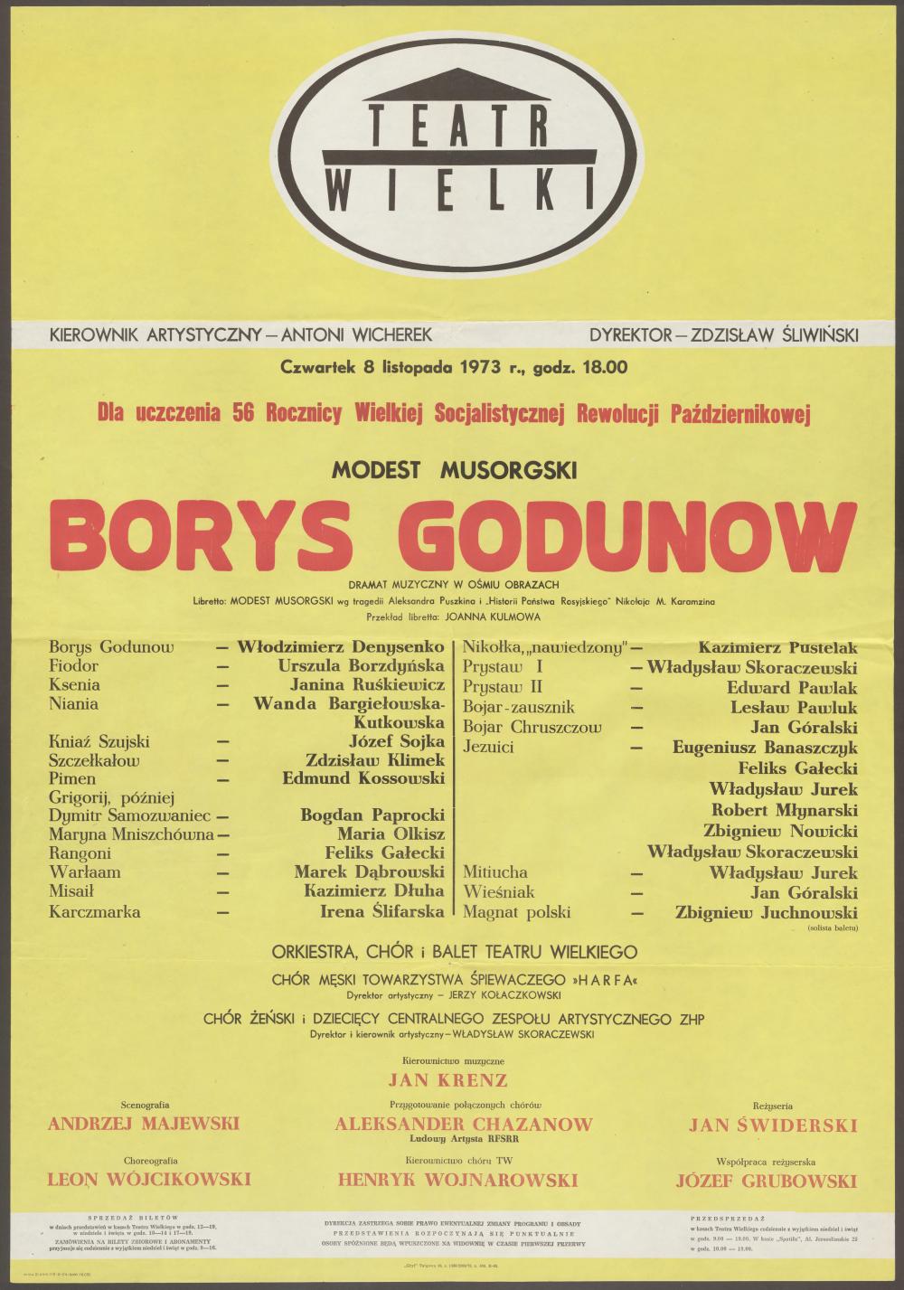 Afisz. „Borys Godunow” Modest Musorgski 8-11-1973 Uczczenie 56 rocznicy Wielkiej Socjalistycznej Rewolucji Październikowej
