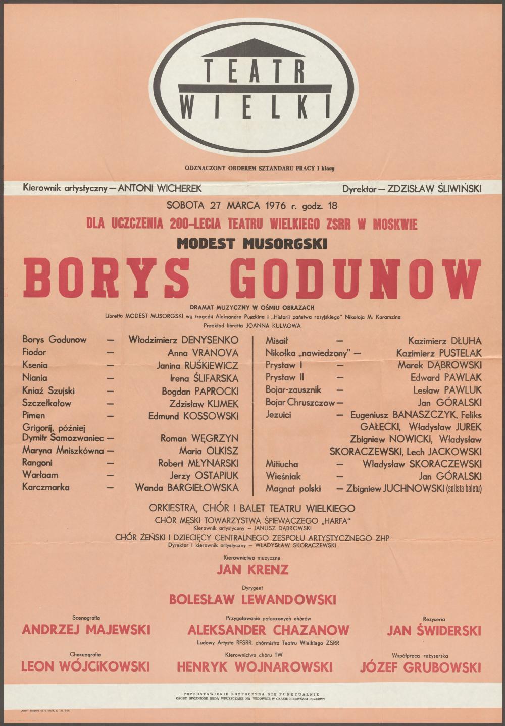 Afisz „Borys Godunow”, Modest Musorgski, 27-03-1976. Uczczenie 200-lecia Teatru Wielkiego ZSRR w Moskwie