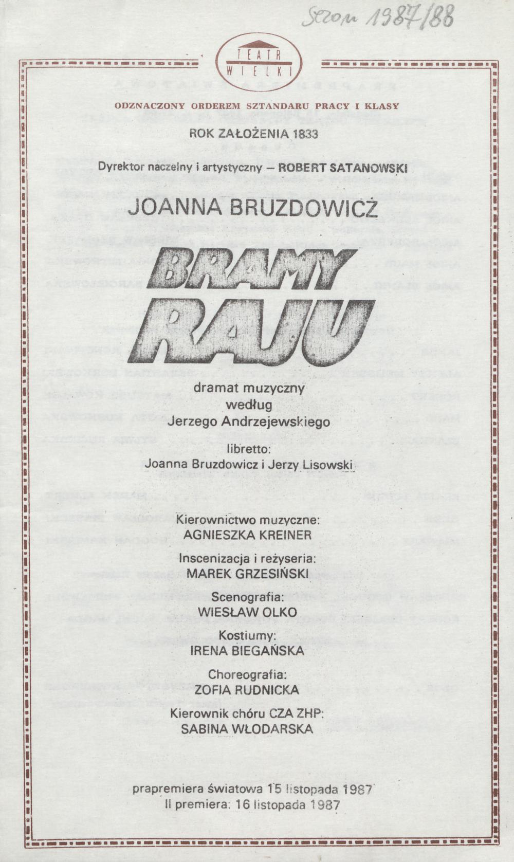 Wkładka obsadowa. „Bramy Raju” Joanna Bruzdowicz 15-11-1987