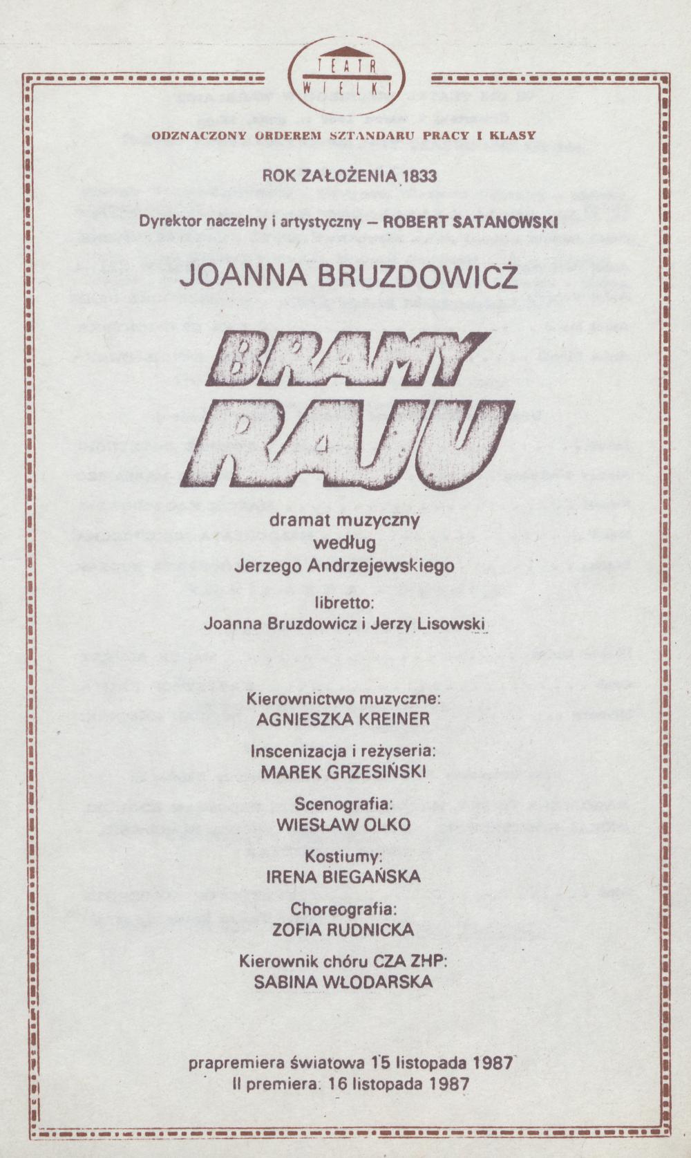 Wkładka obsadowa. „Bramy Raju” Joanna Bruzdowicz 09-03-1989