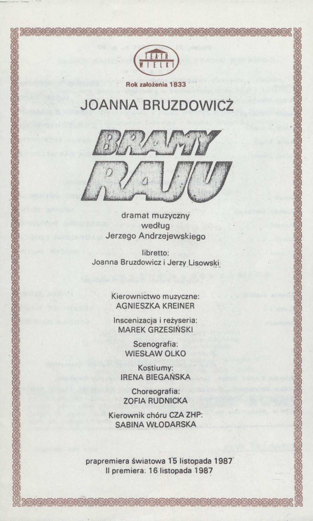 Wkładka obsadowa. „Bramy Raju” Joanna Bruzdowicz 31-05-1991