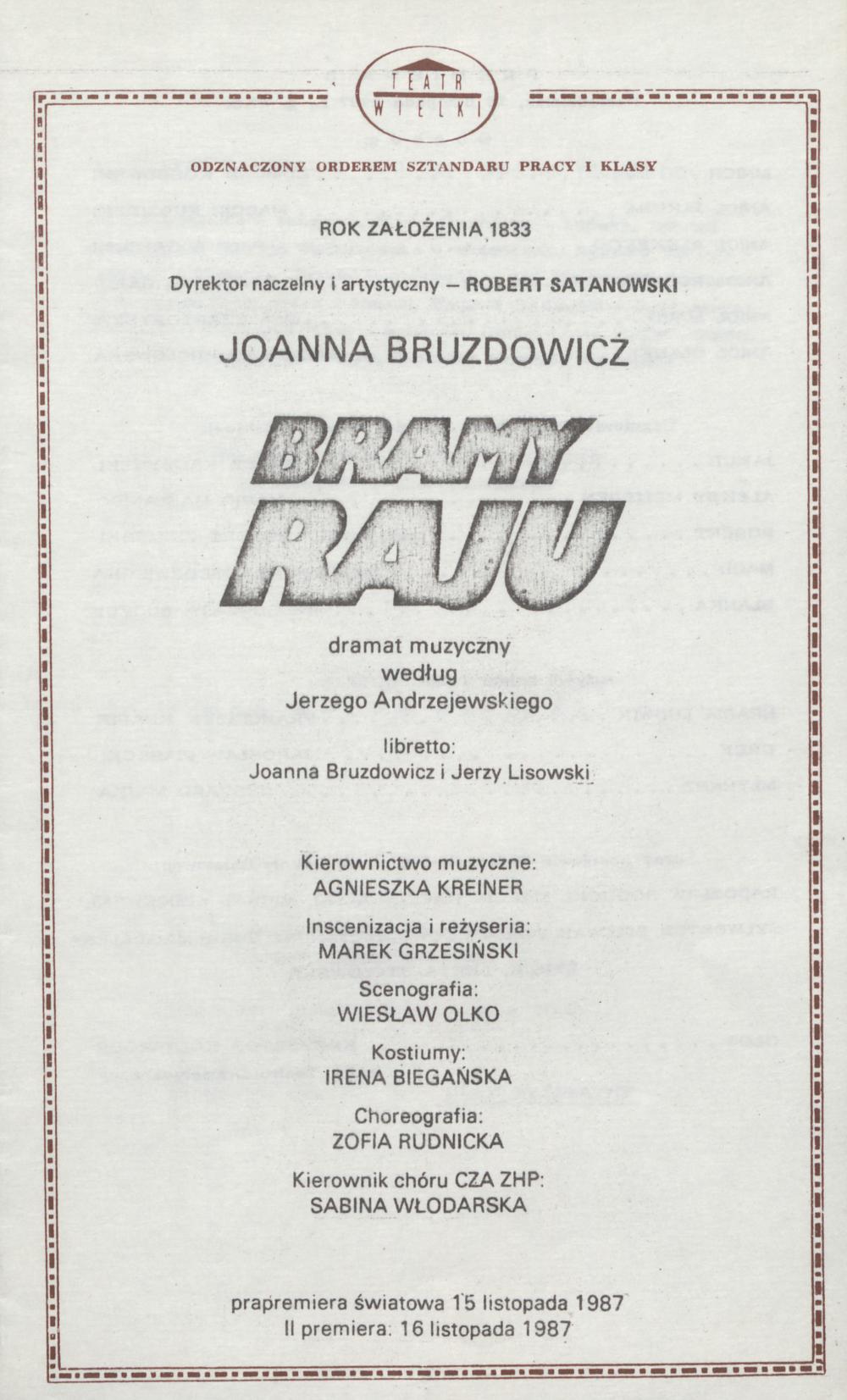 Wkładka obsadowa. „Bramy Raju” Joanna Bruzdowicz 16-11-1987