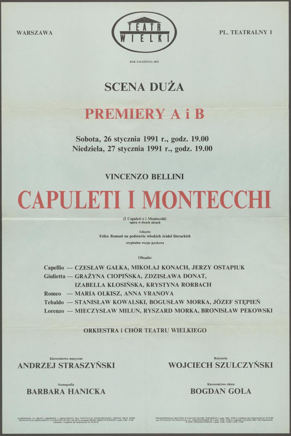 Afisz „Capuleti i Montecchi” Vincenzo Bellini 26-01-1991