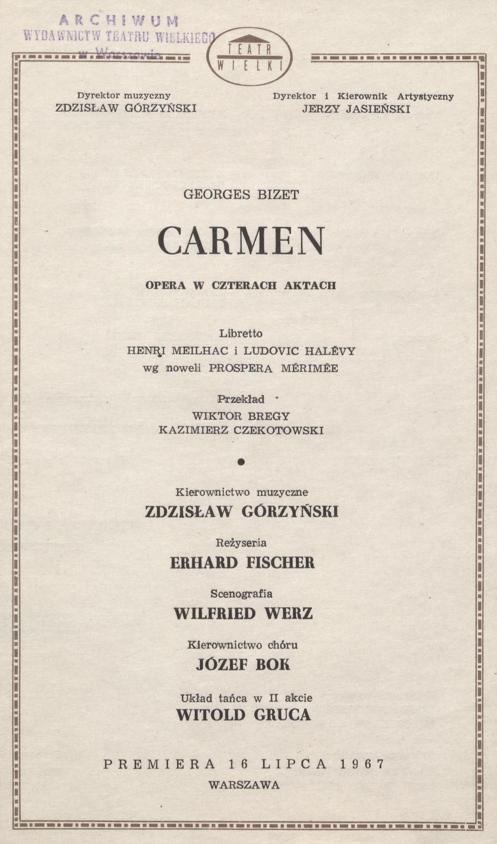 Wkładka obsadowa „Carmen” Georges Bizet 16-07-1967