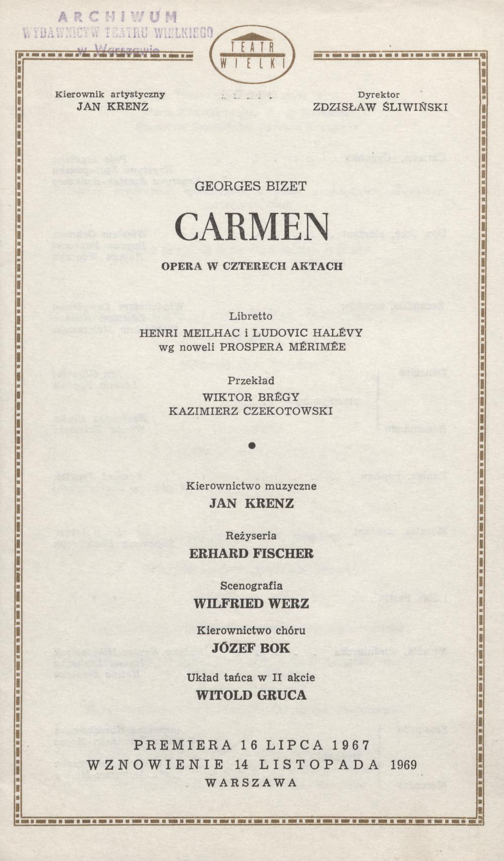 Wkładka obsadowa - wznowienie „Carmen” Georges Bizet 14-11-1969