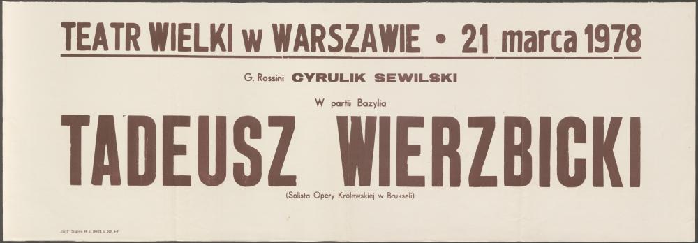 Sztrajfa „Cyrulik Sewilski” Gioacchino Rossini 21-03-1978 Występ gościnny Tadeusza Wierzbickiego w partii Bazylia