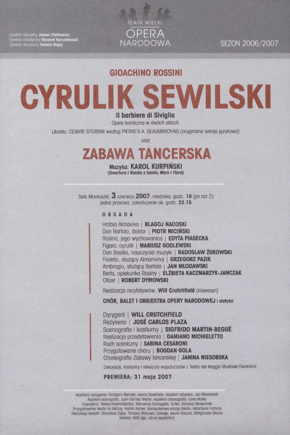 Wkładka obsadowa „Cyrulik Sewilski” Gioachino Rossini i „Zabawa Tancerska” z muzyką Karola Kurpińskiego 03-06-2007