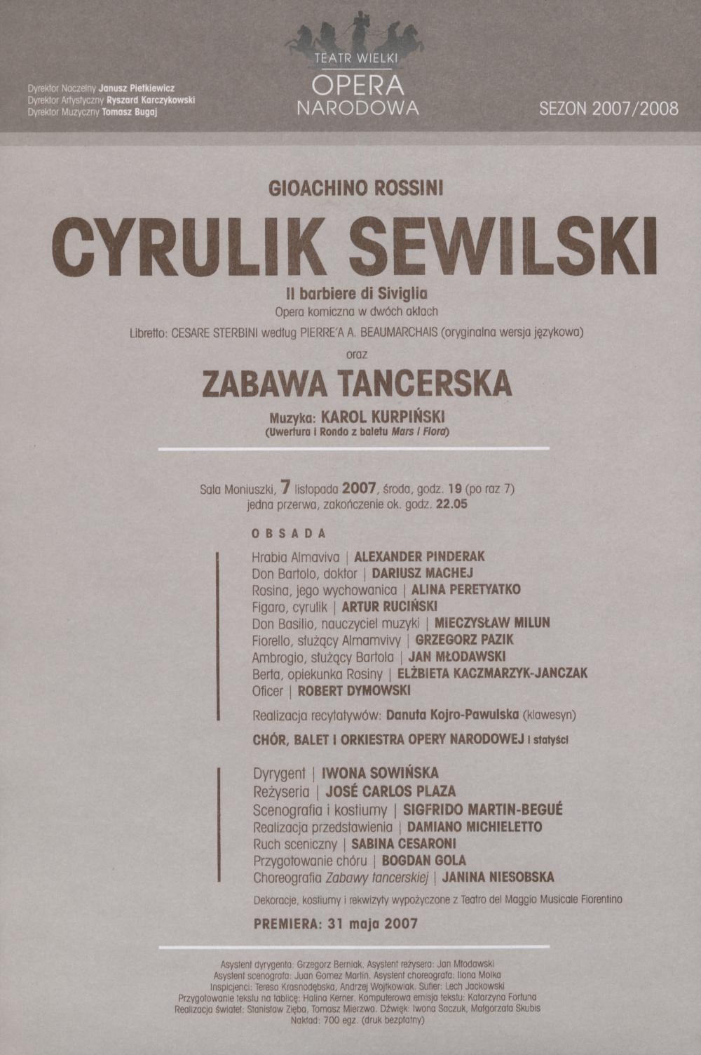 Wkładka obsadowa „Cyrulik Sewilski” Gioachino Rossini i „Zabawa Tancerska” z muzyką Karola Kurpińskiego 07-11-2007