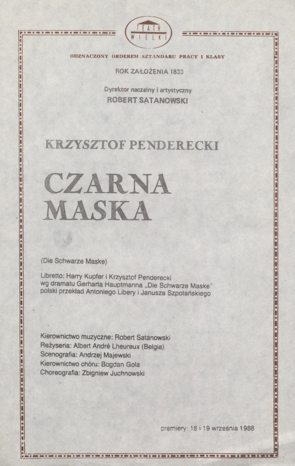 Wkładka obsadowa „Czarna Maska” Krzysztof Penderecki 06-10-1988