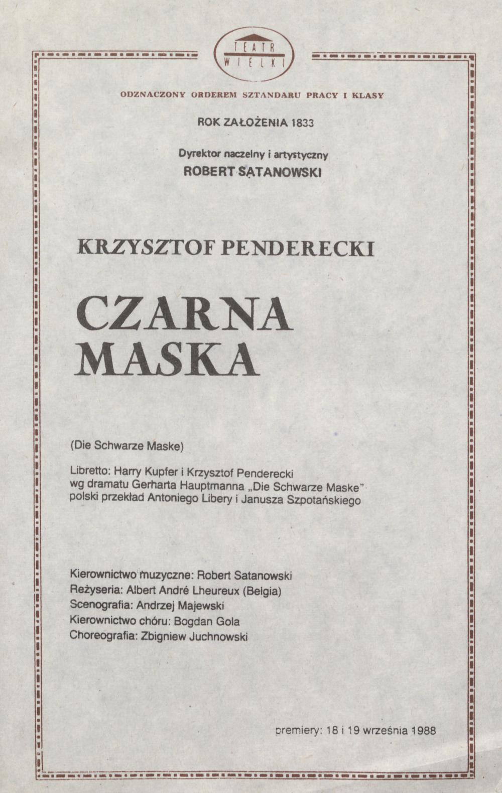 Wkładka obsadowa „Czarna Maska” Krzysztof Penderecki 07-10-1988