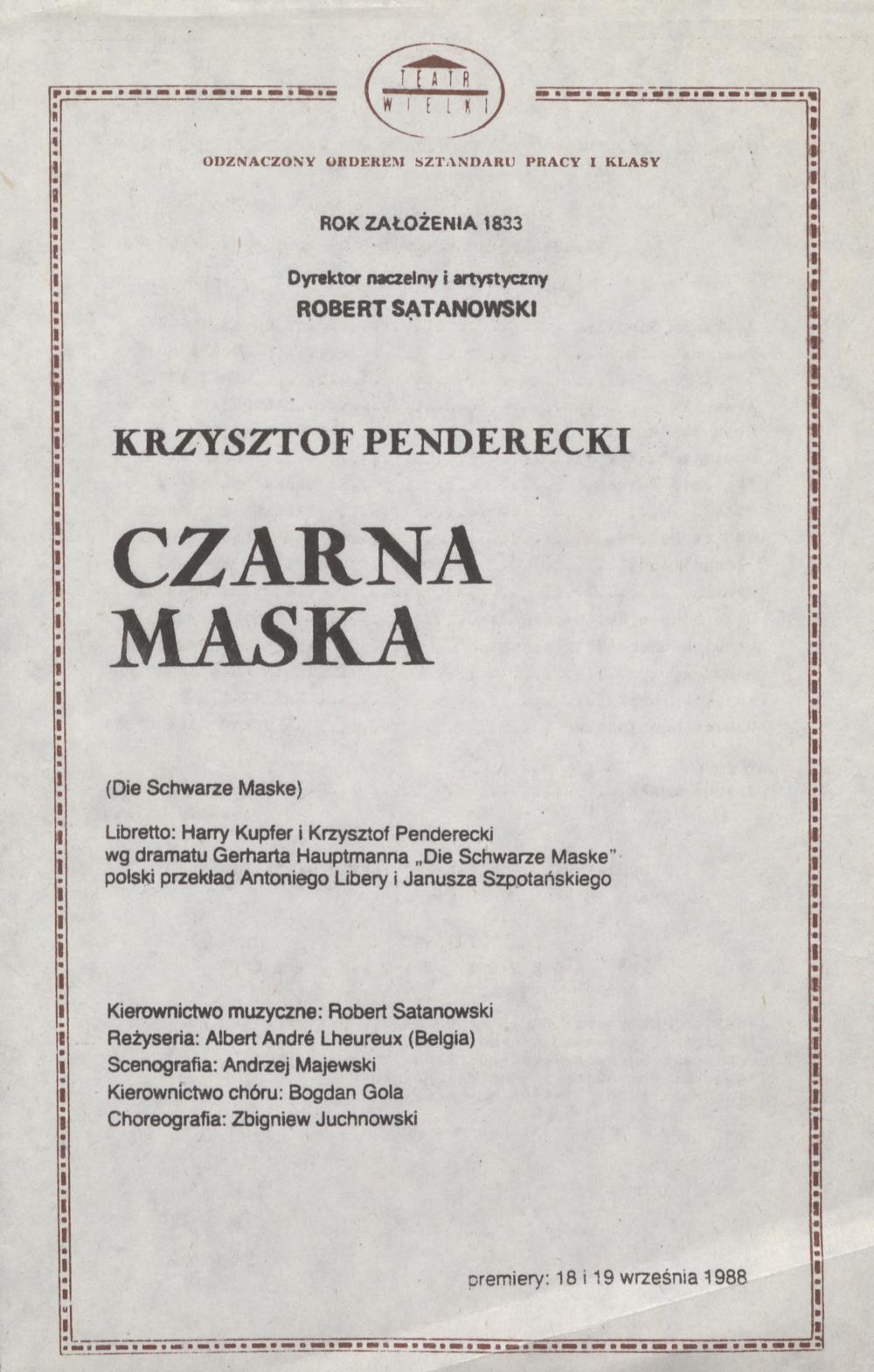 Wkładka obsadowa „Czarna Maska” Krzysztof Penderecki 18-09-1988