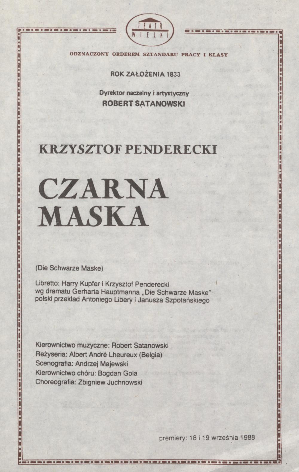 Wkładka obsadowa Premiera II „Czarna Maska” Krzysztof Penderecki 19-09-1988