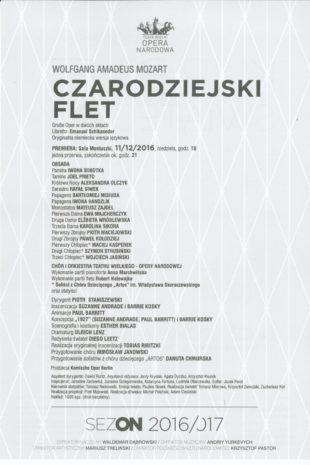 Wkładka obsadowa „Carodziejski flet” Wolfgang Amadeus Mozart premiera 2016-12-11