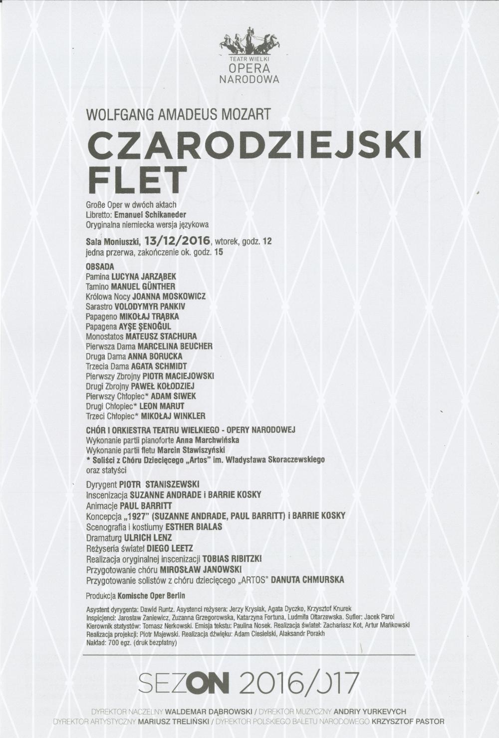 Wkładka obsadowa „Carodziejski flet” Wolfgang Amadeus Mozart premiera 2016-12-13