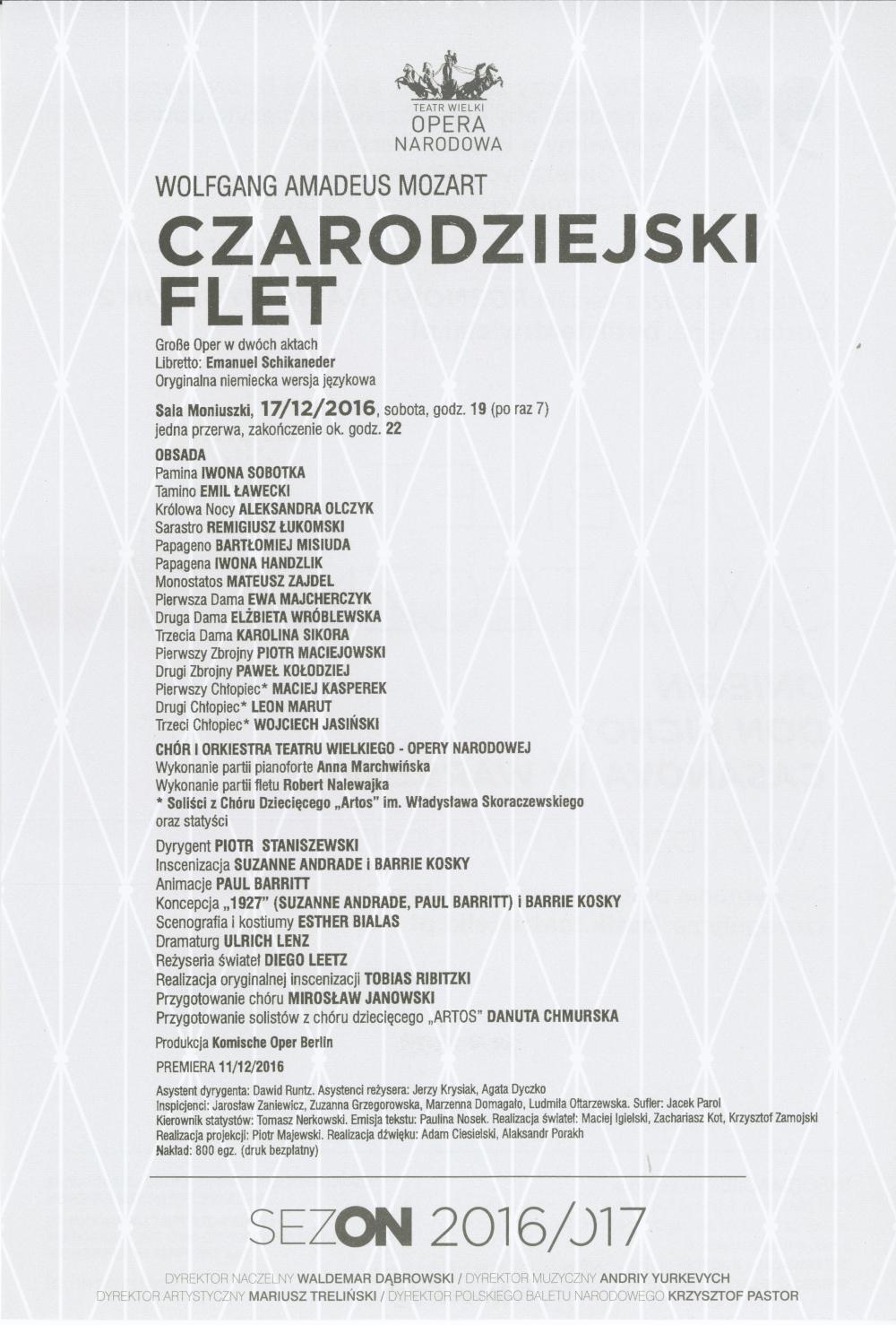 Wkładka obsadowa „Carodziejski flet” Wolfgang Amadeus Mozart premiera 2016-12-17