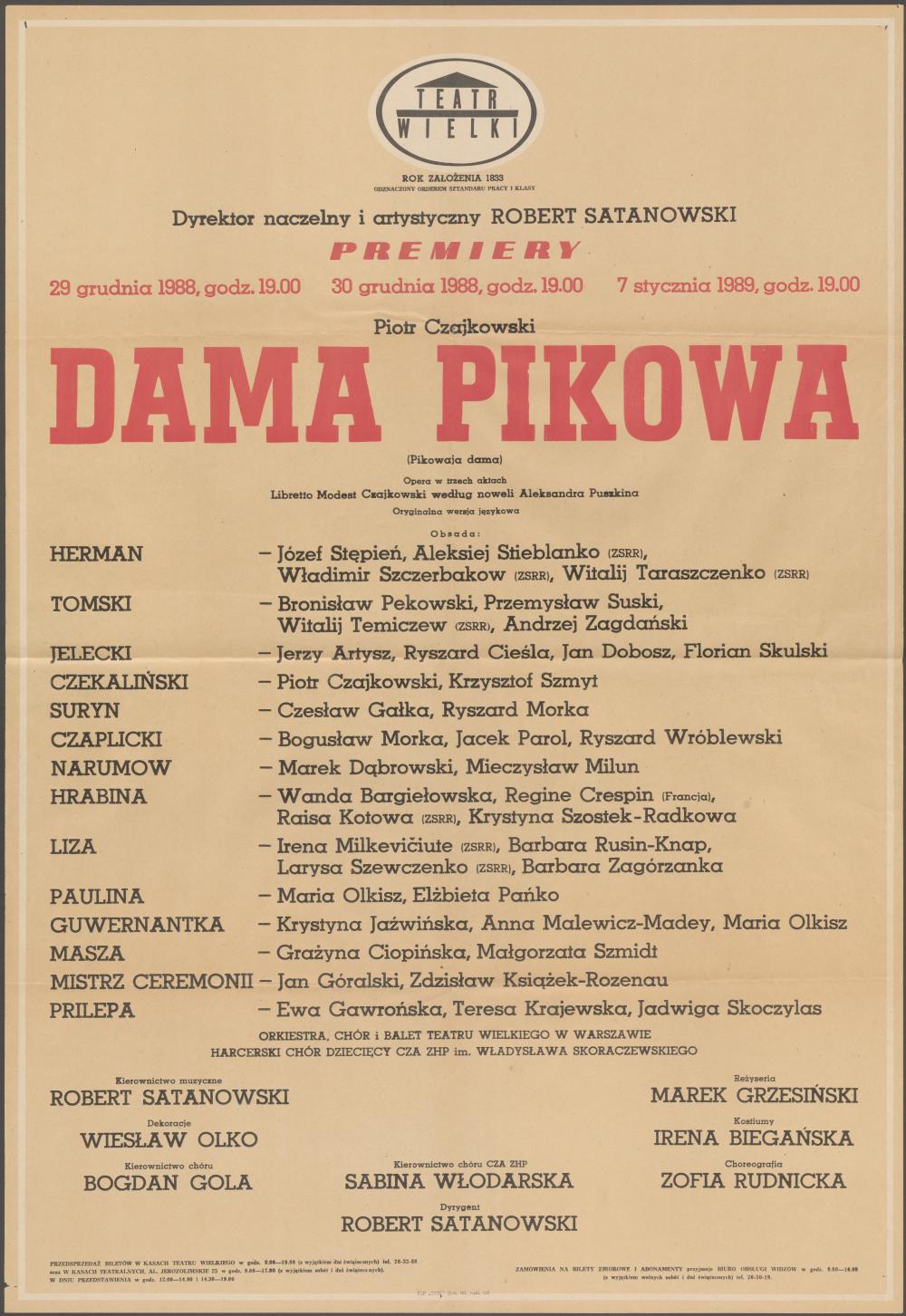 Afisz premierowy „Dama pikowa” Piotr Czajkowski 29-12-1988, 30-12-1988, 7-01-1989