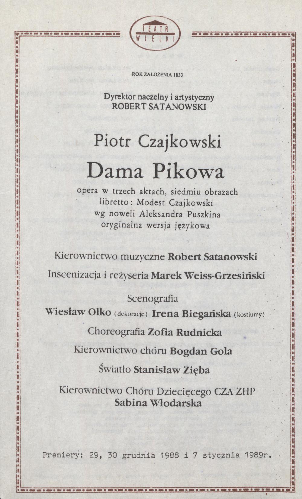 Wkładka obsadowa „Dama pikowa” Piotr Czajkowski 15-01-1989