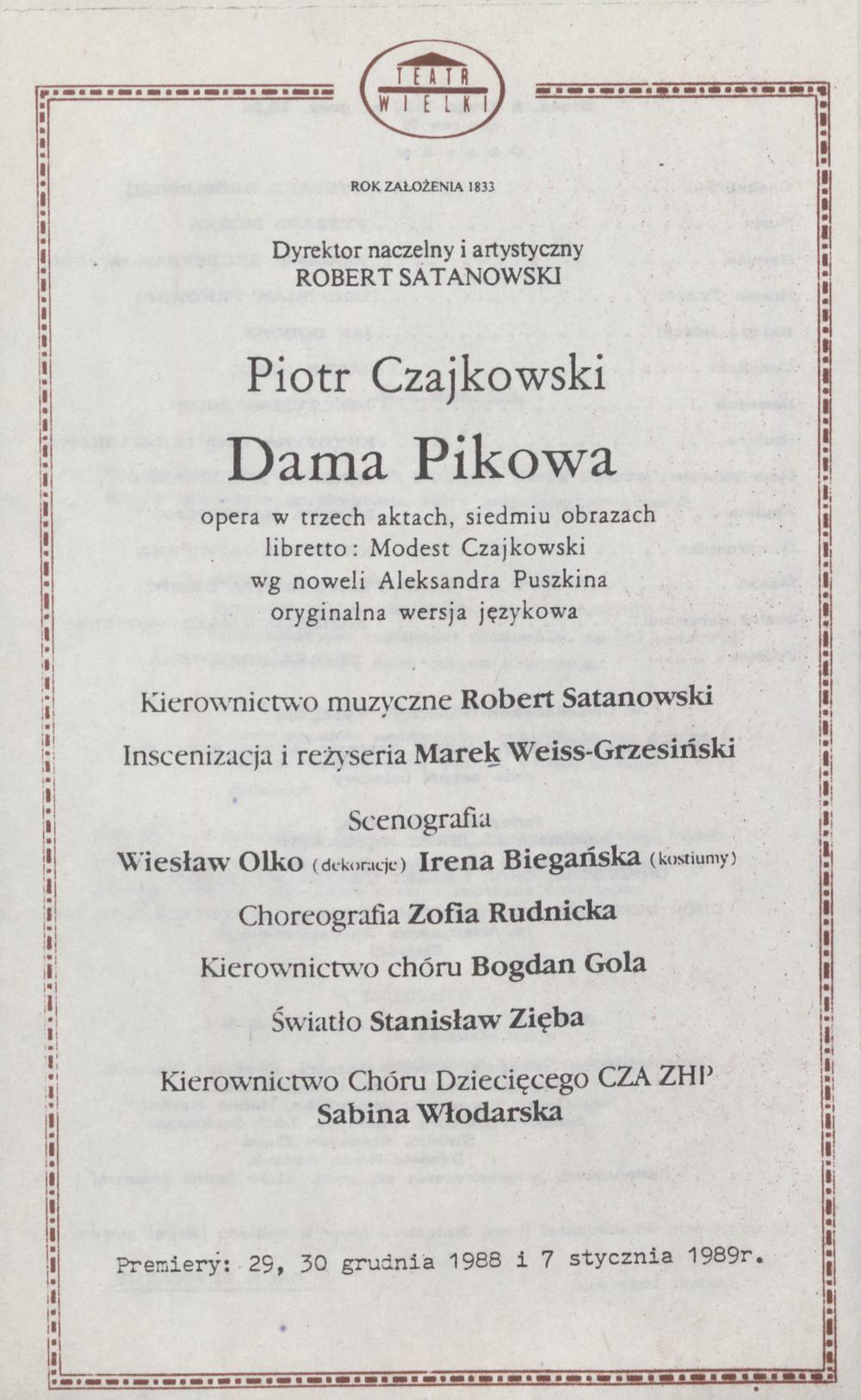 Wkładka obsadowa „Dama pikowa” Piotr Czajkowski 8-02-1989
