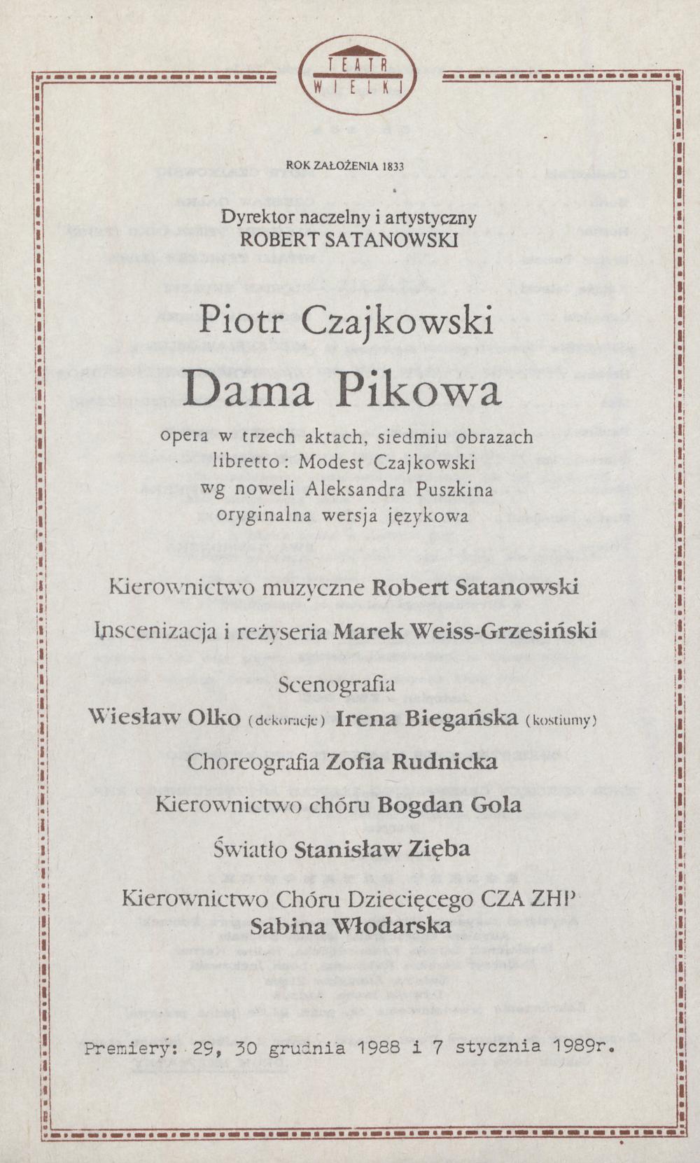 Wkładka obsadowa „Dama pikowa” Piotr Czajkowski 9-04-1989