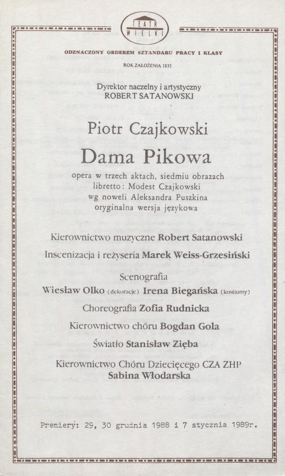 Wkładka obsadowa „Dama pikowa” Piotr Czajkowski 15-04-1989
