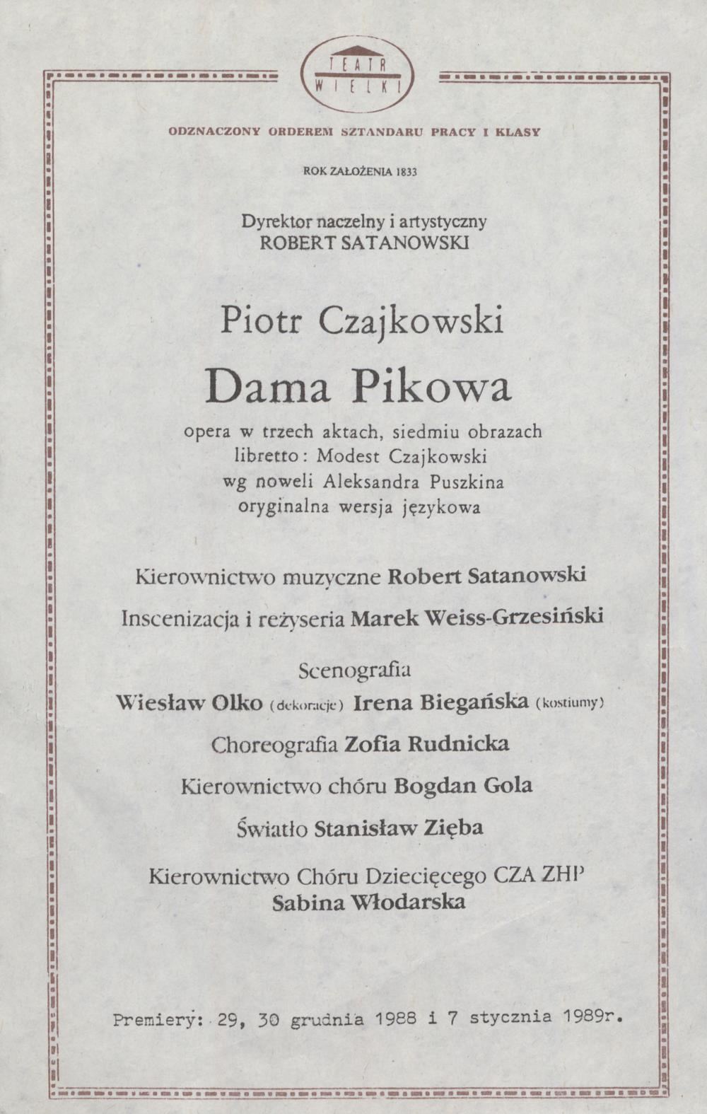 Wkładka premierowa – premiera II „Dama pikowa” Piotr Czajkowski 30-12-1988