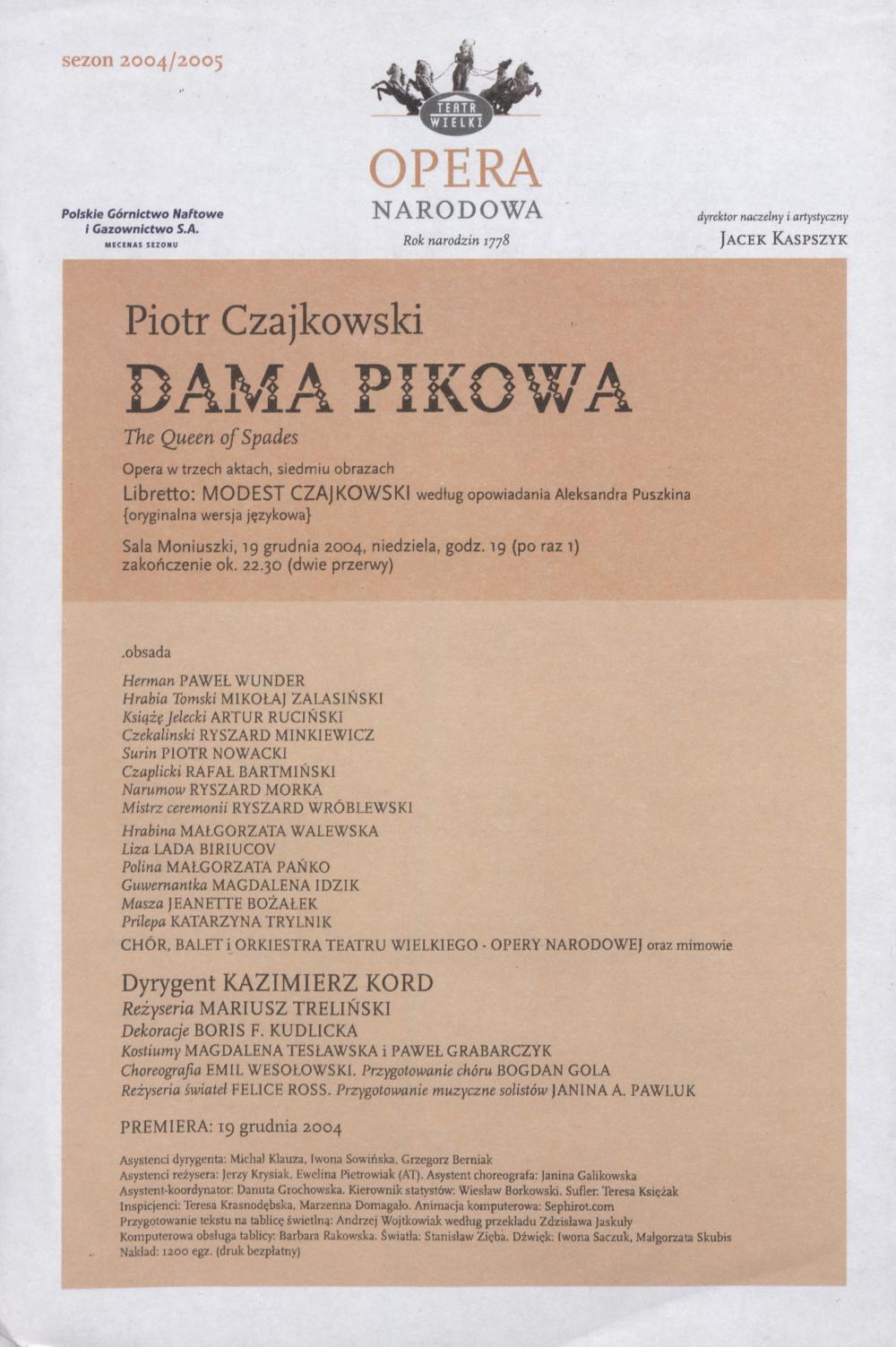 Wkładka Obsadowa "Dama Pikowa" Piotr Czajkowski 19-12-2004