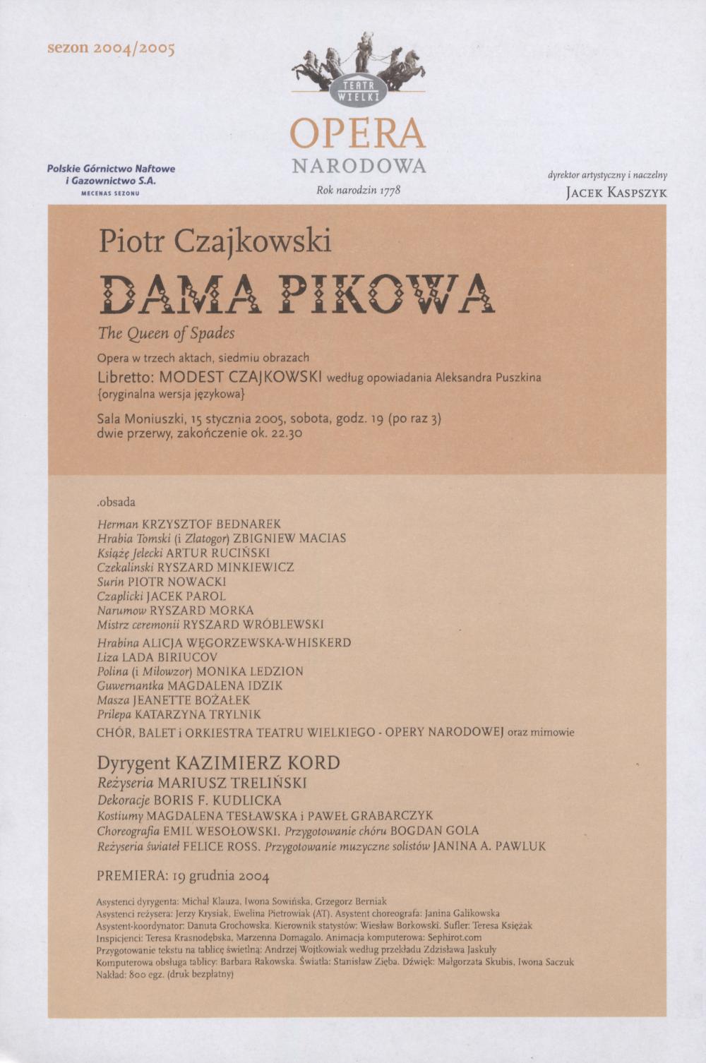 Wkładka Obsadowa "Dama Pikowa" Piotr Czajkowski 15-01-2005