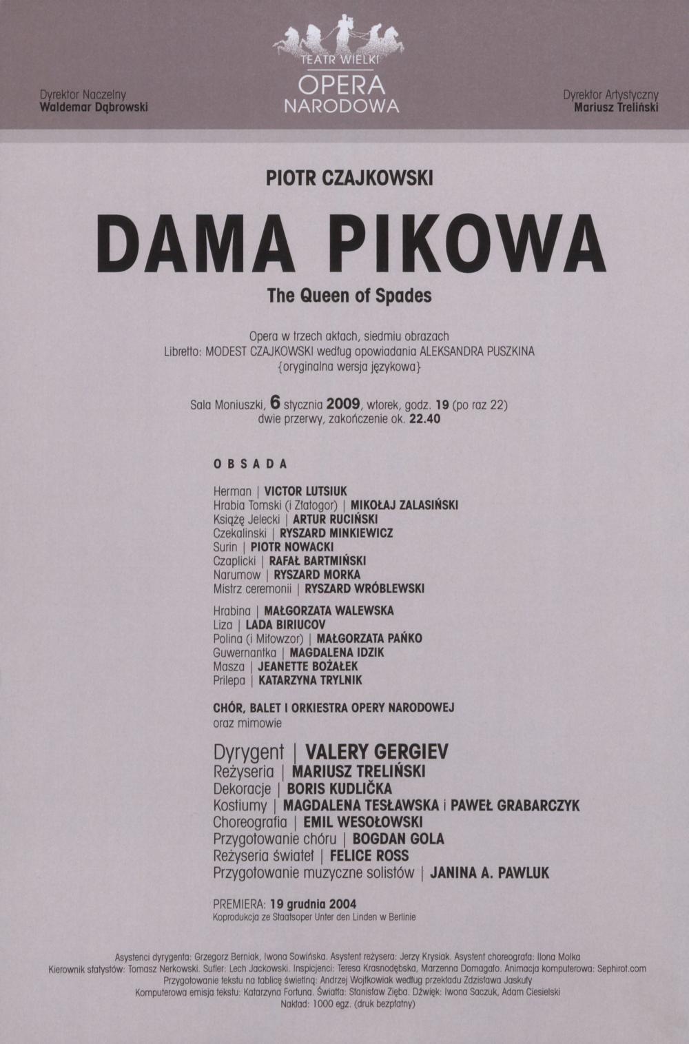 Wkładka Obsadowa "Dama Pikowa" Piotr Czajkowski 06-01-2009
