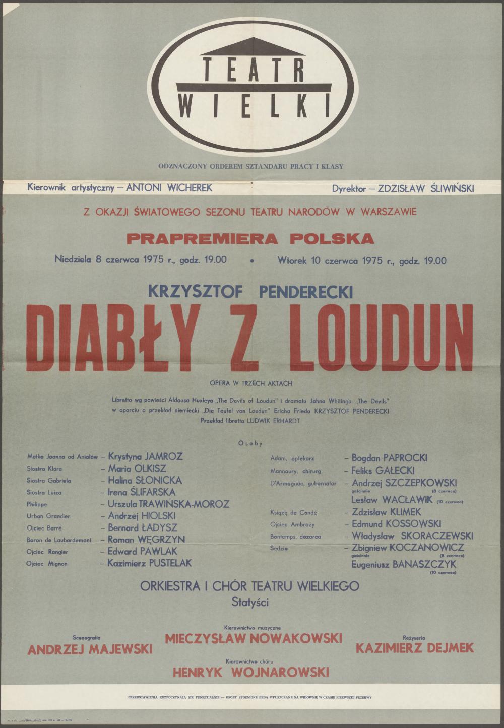 Afisz. „Diabły z Loudun” Krzysztof Penderecki 08-06-1975, 10-06-1975